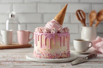 Pink iced cake with dripping frosting, topped with a waffle cone and whipped cream