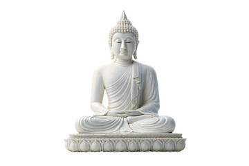 White marble Buddha statue in meditation pose with lotus base, isolated on a transparent background