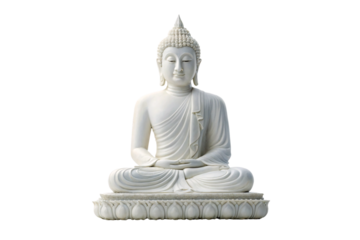 White marble Buddha statue in meditation pose with lotus base, isolated on a transparent background