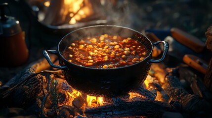 A close-up of a campfire cooking pot with bubbling stew, surrounded by camping gear, radiating a warm glow and inviting atmosphere.
