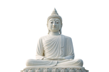 White stone Buddha figure sitting cross-legged with serene facial expression, isolated on a transparent background