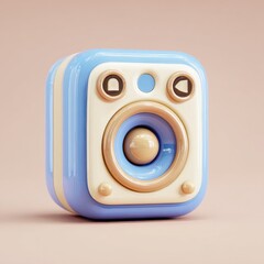 Square, stylized, 3D rendered speaker icon, light blue and beige