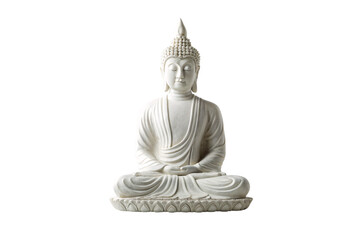 Peaceful white Buddha sculpture in traditional meditation posture with ornate base, isolated on a transparent background