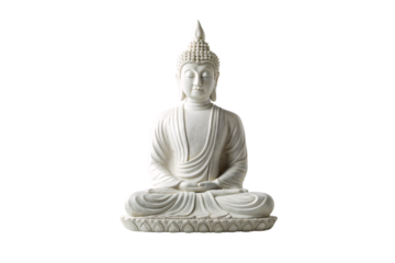 Peaceful white Buddha sculpture in traditional meditation posture with ornate base, isolated on a transparent background