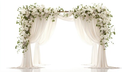 Elegant white wedding archway adorned with cascading blooms and draped fabric