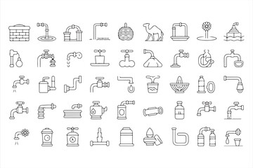 Line Art Water Spigot and Fixture Icons for Plumbing and Household Themes