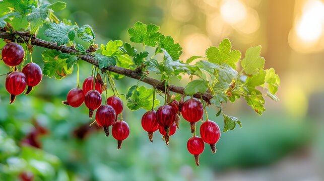 Clusters of ripe red gooseberries on a branch.