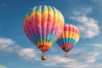 Fototapeta premium Two colorful hot air balloons soar against a vibrant blue sky dotted with fluffy white clouds