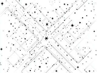 Abstract urban grid pattern.  Intricate network of lines and small shapes,  suggesting a city layout, overlaid with scattered dots and stars