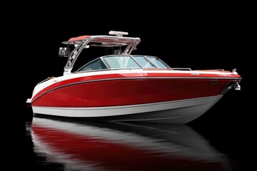 Red and white boat on black background, water reflection