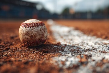 A weathered baseball rests on a baseball field's dirt infield, near a white baseline