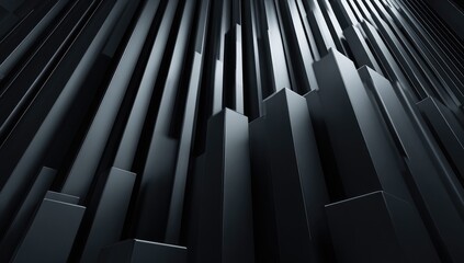 Dark, vertical, geometric shapes.  Perspective view of a wall made of  dark gray,  rectangular blocks and bars, rising  into a  dim light