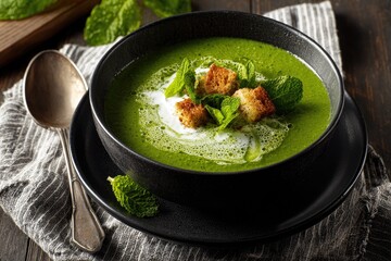 Dark bowl of vibrant green soup, topped with whipped cream, croutons, and fresh mint