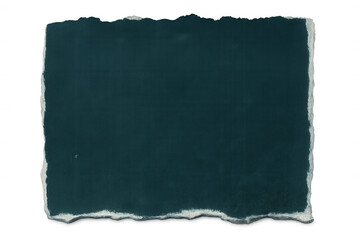 Dark green textured paper rectangle featuring ragged edges, resting against transparent backdrop