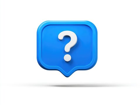 3D rendered blue question mark icon in a speech bubble shape, set against a white background.  A subtle shadow is cast below the icon