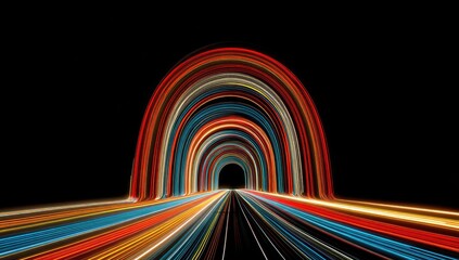 Colorful light trails forming arches and a road in a tunnel