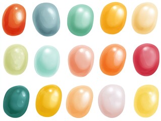 Colorful, smooth, oval-shaped objects arranged in a grid.  Various pastel and saturated hues.  Hand-drawn or digital illustration style