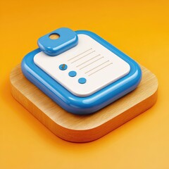 3D icon of a blue clipboard with a list.  A light-colored, rectangular clipboard, with a list of tasks or items, is presented on a light wooden square base.  