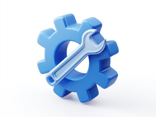 3D render of a blue gear with a silver wrench