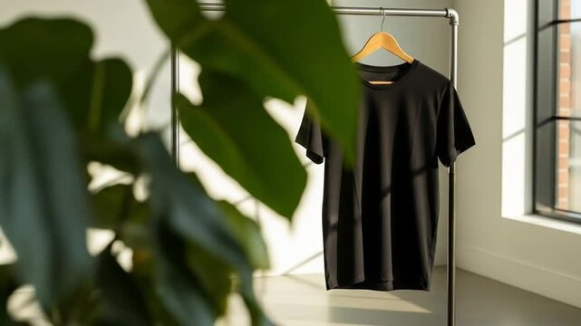 Essential black t-shirt on a clothing rack in a sunlit modern interior with a blurred houseplant, showcasing a minimalist lifestyle.