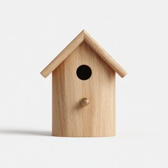 Small, light-colored wooden birdhouse, front view