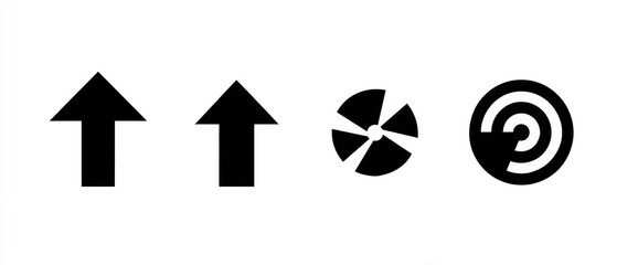 Three simple black shapes on a white background.  Two upward-pointing arrows and a circular shape with radiating lines and a smaller inner shape