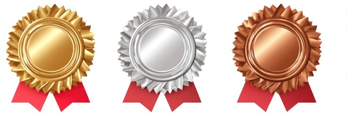 Three award medals, gold, silver, and bronze, with red ribbons