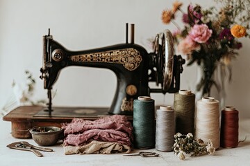 Antique sewing machine and fabrics