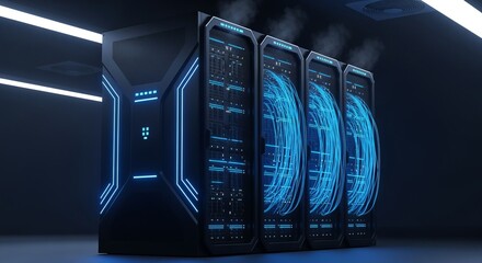 Row of server racks with blue lights and steam in a dark room showing data processing and storage capacity