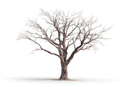 Isolated bare tree against white background.  A large, leafless tree with a wide, gnarled crown and a thick, light brown trunk.  It stands on a light-colored base