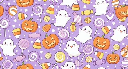 Cute Halloween pattern featuring ghosts, candy, and pumpkins.