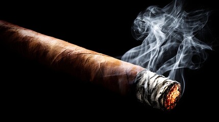 Close-up of a smoking cigar against a black background.