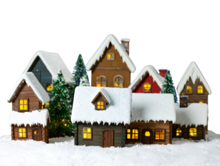 Snow-Covered Miniature Village with Warm Glowing Windows Under Starry Winter Night Front View, Transparent PNG