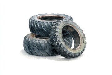 Stacked, weathered farm tires, watercolor