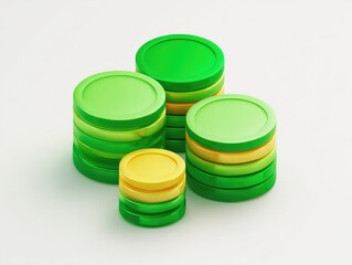 Stacks of round, colored discs.  Three stacks of vibrant green and yellow discs, layered and arranged on a light gray background.  Different sized stacks.  Geometric design
