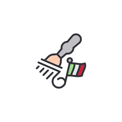 A stylized pizza cutter with a yellow, serrated blade, representing a tool for slicing, culinary utensils, or a pizza-related theme.