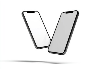 Two black smartphones with blank screens, hovering in the air against a white background.  