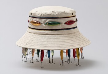 Cream bucket hat adorned with colorful fishing lures