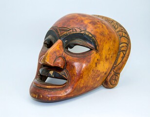Carved wooden mask, amber tones, detailed facial features, slightly open mouth