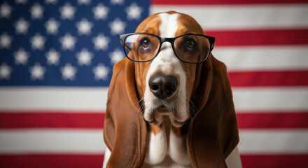 Basset hound dog wearing glasses in front of american flag, patriotic theme