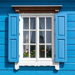Fototapeta premium Blue house window with shutters