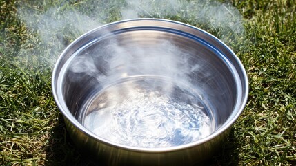 Stainless steel pot with steaming water outdoors.