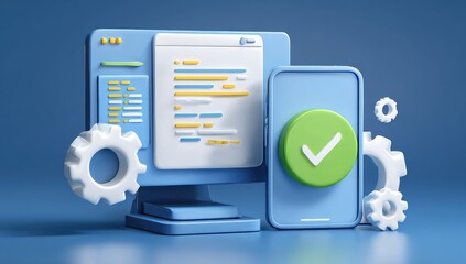 3D illustration of a computer and phone, representing code and mobile app verification.  Elements include gears, a checkmark, and coding/design elements