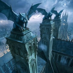 Dreaming Gargoyles Mystical gargoyles perched atop a fantastical cathedral with glowing eyes eerie and majestic