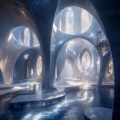 Dreaming Sanctuary A serene sanctuary of surreal architecture bathed in gentle shifting light peaceful and otherworldly