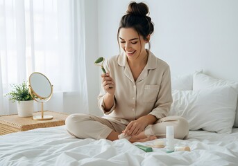 Happy young woman enjoying self-care routine with jade roller and skincare products in sunlit bedroom, perfect for wellness, beauty, and lifestyle brands