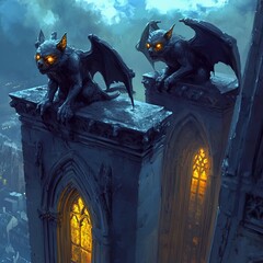 Dreaming Gargoyles Mystical gargoyles perched atop a fantastical cathedral with glowing eyes eerie and majestic