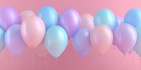 Pastel-colored balloons arranged against a soft pink backdrop.  Many round balloons in shades of light purple, blue, and pink, with delicate strings