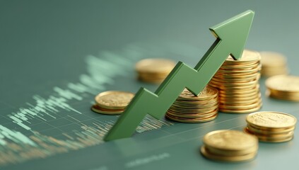 Green upward trend arrow over stacks of gold coins on financial chart