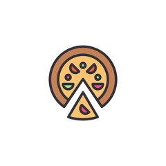 Obraz premium A stylized illustration of a whole pizza with one slice removed, featuring green and red toppings on a yellow base with a brown crust.